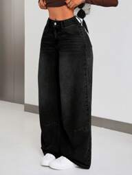 SHEIN ICON Women's Solid Color Front Button Pockets Casual Jeans