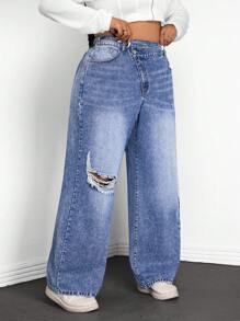 SHEIN EZwear 大码女式不对称腰部口袋破洞阔腿宽松休闲牛仔裤 - 藍色 - 查看 1