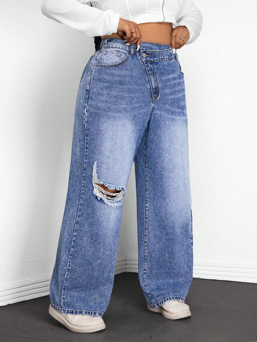 SHEIN EZwear 大码女式不对称腰部口袋破洞阔腿宽松休闲牛仔裤 - 藍色 - 查看 1