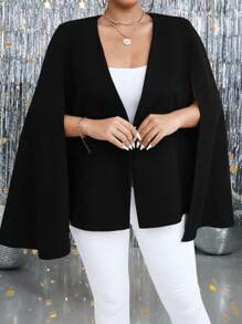 SHEIN Clasi Plus Size Solid Color Crossover Wrap Belt Cloak Sleeve Elegant Coat - Black - View 4
