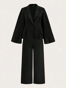 SHEIN BAE Traje de chaqueta y pantalones de pernera ancha elegantes para viajes de negocios, talla grande, con chaqueta negra con solapa, manga acampanada y plisado en la cintura, y pantalones de vestir de dos piezas