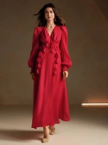 Anewsta 女士 V 领贴花褶皱长袖连衣裙，秋季新年服装长款女装 - 紅色 - 查看 6