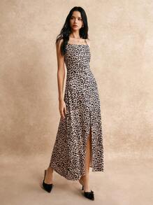 SHEIN Frenchy Ladies Leopard Print High Slit Maxi Slip Dress, Fall Women Outfits,Leopard Costume,Sexy Women Outfits,Elegant Women Dresses,Masquerade Ball Dress,Sexy Party Dress,,2024 AW, Winter Clothes Summer Cheetah Brown Casual - Brown - View 5