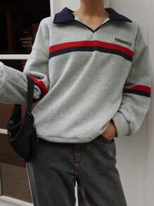 DAZY Women V-Neck Striped Color Block Letter Print Loose Fit Fleece Sweatshirt,Fall Clothes,Winter