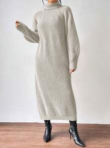 Aalyst Women Solid Color Turtleneck Sweater Dress, Minimalist Style For Autumn/Winter Fall Cloth For Women - Light Grey - View 5