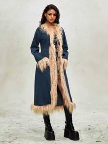 ROMWE Grunge Punk Y2K Patchwork Fuzzy Denim Cinched Waist Long Jacket - Blue - View 5