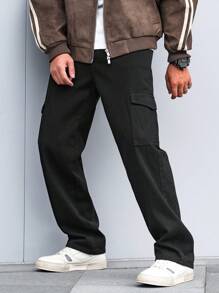 Manfinity Homme Quần Jeans Denim Màu Trơn Dáng Rộng Có Túi Cho Nam - màu đen - Xem 5