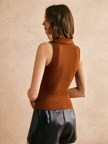Poéselle Placket nửa nút Đồ đan Ribbed Áo ba lỗ - màu nâu - Xem 5