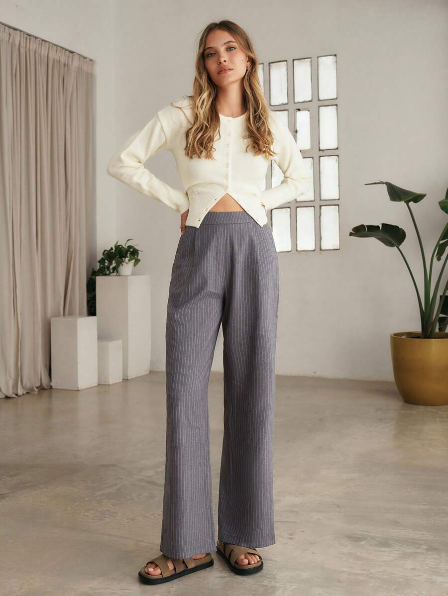 EURMUSE Urban Style Striped Lower Waist Relax Fit Wide Leg Women's Pants - Grey - View 1
