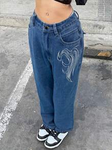 2024 Popular Straight-Leg Embroidered Denim Jeans - Medium Wash - View 8