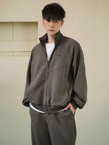 DAZY 男士休闲宽松纯色拉链领长袖夹克和裤子套装，秋季