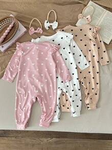 SHEIN LMoss Kids 3pcs Newborn Baby Girl Cute Heart & Polka Dot Pattern Knitted Romper With Headband Set, Autumn/Winter Print