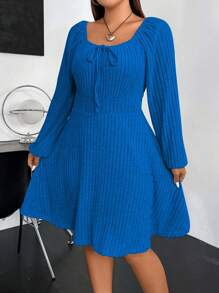 Vionelle Váy len dệt kim tay đèn lồng màu trơn đơn giản cỡ lớn, thường ngày cho mùa thu - Màu xanh lam - Xem 7