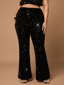 SHEIN BAE 大码秋季优雅外出性感派对女士黑色天鹅绒亮片喇叭裤派对万圣节生日派对酒吧 - 黑色 - 查看 5