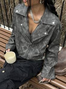 SHEIN EZwear Women's New Vintage Leather Motorcycle Jacket