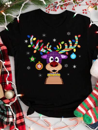 DrmWander Damen Lässig Alltagskleidung Weihnachts-Rentier-Muster Kurzarm T-Shirt, Sommer Grafik Shirts Damen Oberteile