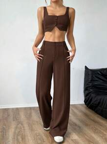SHEIN EZwear Bộ 2 món: Áo vest cài nút phía trước màu trơn có dây đeo dày và quần ống rộng có trang trí túi - màu nâu - Xem 3