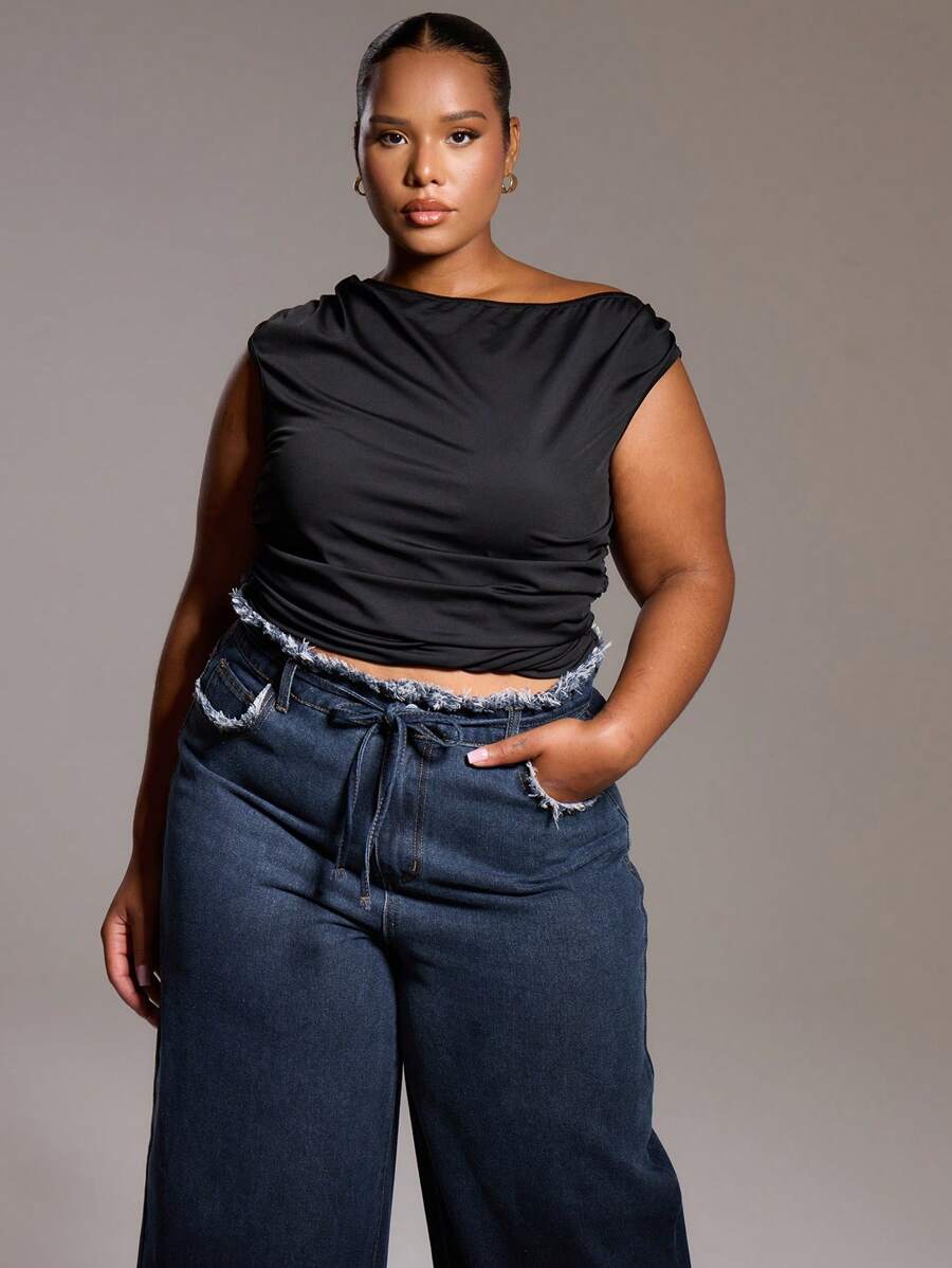 MUSERA Asymmetrisches gerafftes Oberteil in Große Größen für Ausgehen, sexy, Club, Party, Date Night, Urlaub, Rave, Konzert, Herbst Winter Saison