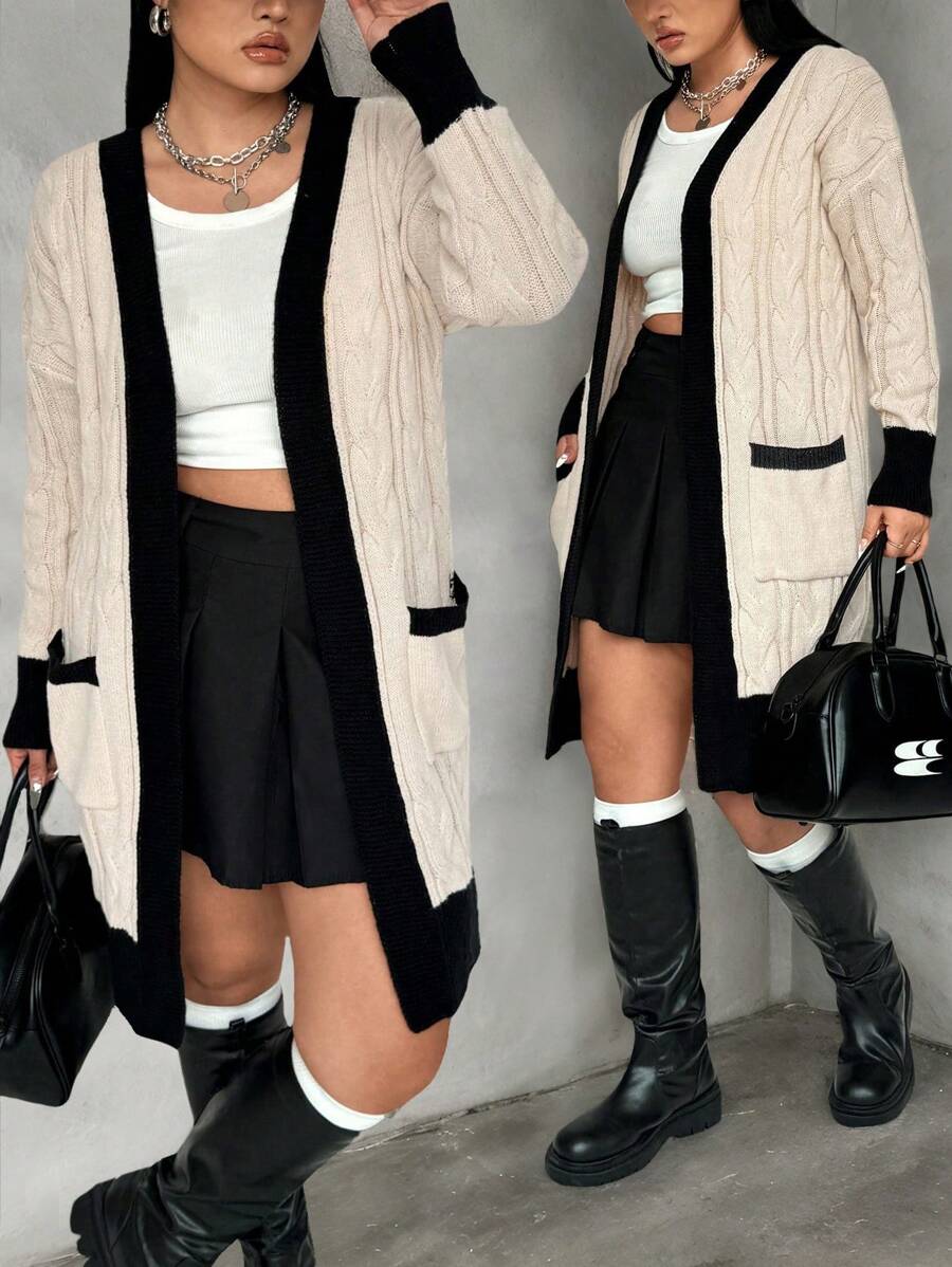 Calvaya Plus Size Women Contrast Color Pockets Casual Long Cardigan, Fall/Winter - Apricot - View 1