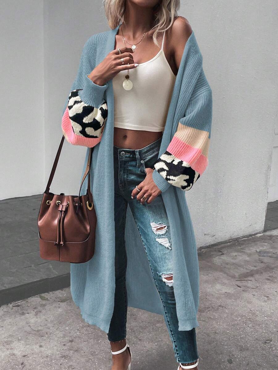 SHEIN LUNE Áo khoác cardigan dài tay họa tiết da báo hở vai thời trang thu đông cho nữ - Màu xanh bụi bặm - Xem 1