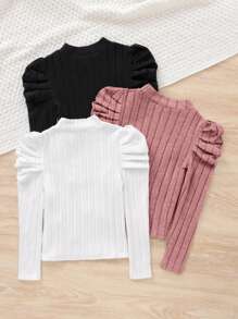 SHEIN 3pcs/Set Tween Girls' Ribbed Knit Funnel Neck Fitted Casual Raglan Sleeve T-Shirts