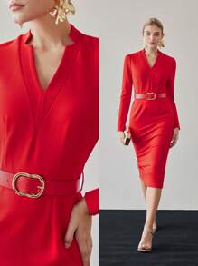 MOTF PREMIUM SOLID V-NECK SLIM FIT BELTED MIDI DRESS