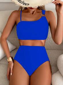 SHEIN Swim 女士度假纯色圆形链接不对称领口性感比基尼套装，分体比基尼套装，夏季海滩 - 寶藍色 - 查看 1