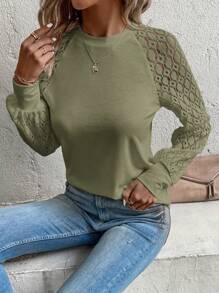 SHEIN Clasi 女式纯色圆领蕾丝拼接插肩长袖休闲衬衫，秋季