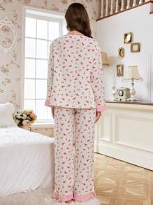 Bộ đồ ngủ nhún bèo họa tiết hoa 3 món dành cho nữ - Màu be - Xem 2