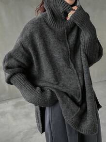 FRIFUL 女士高领纯色宽松针织毛衣，秋冬季休闲款 - 灰色 - 查看 4