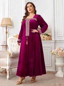 Al Najma Váy Maxi Abaya Tay Dài Tua Rua Sang Trọng Cỡ Lớn Màu Đỏ Nhung Burgundy Cho Nữ - Màu Đỏ Sâu - Xem 4