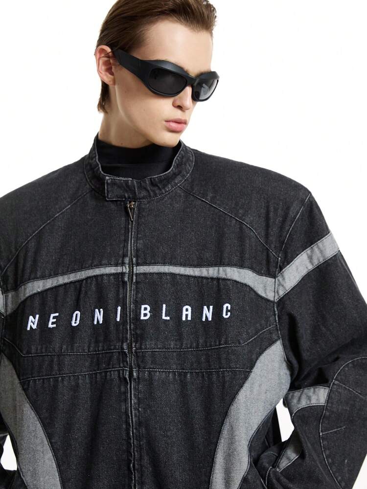 Men's Black Woven Street-Style Letter Print Color Block Cotton Dark Long Sleeve Denim Jacket