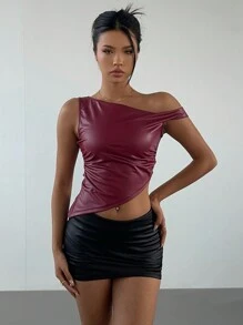 Aloruh Blusa asimétrica con hombro oblicuo, (PU), elegante y sexy, para fiesta/citas/ocasiones formales, para mujeres