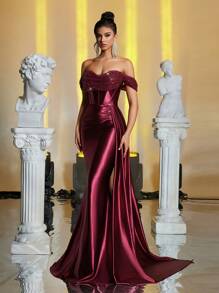 Glamrae 优雅华丽的奢华勃艮第露肩 3D 花卉珍珠亮片拼接弹力缎面褶皱侧襟鱼尾连衣裙，适合婚礼活动派对节日、舞会晚宴礼服、婚礼宾客礼服、正式礼服、晚礼服、长袍 - 酒紅色 - 查看 7