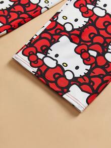 HELLO KITTY AND FRIENDS | SHEIN 2 件装少女可爱休闲卡通蝴蝶结图案长袖 T 恤和全身印花长裤睡衣套装 - 紅白色 - 查看 6