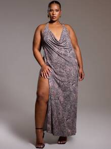 MUSERA 大码雪纺斑马纹垂褶露背系带长裙，适合外出、性感、夜店、派对、约会、度假、锐舞派对、音乐会、节日等场合，飘逸百搭，新年必备。 - 彩色 - 查看 1