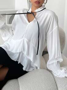 INAWLY Women's Elegant Tie Collar Drop Shoulder Long Sleeve Ruffled Hem Blouse, Spring Autumn Fall Cloth For Women