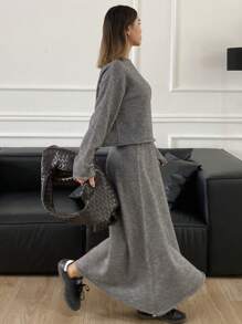 DAZY 2 pièces/set Pull à manches longues col asymétrique et jupe mi-longue en tricot pour femmes, tenue décontractée, automne