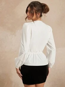 L'Amorae 1pc Solid Color Tie Front Ruffle Hem Elegant Long Sleeve Blouse - White - View 5