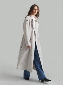 Ontre 2025 新款春季刺绣花卉浅卡其色女式风衣，中长款冬季女式外套 - 灰色 - 查看 5