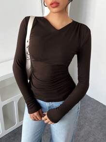 Chiquease Coffee Basic Pleated Slim Fit Thermal Lined Long Sleeve Women T-Shirt - Coffee Brown - View 4