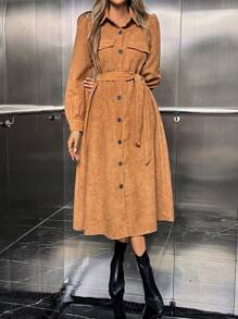 SHEIN ChicEase 休闲纯色前扣衬衫裙 - 卡其色 - 查看 6