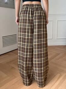 DAZY 女士宽松格子弹力腰阔腿睡裤，适合秋冬季穿着