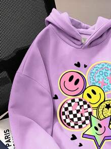 SHEIN Leap Crew Sudadera con capucha de manga larga, estilo casual y holgado, con estampado de cara de dibujos animados, adecuada para otoño/invierno, para niñas preadolescentes - Púrpura malva - Ver 3