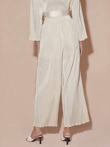Enchnt Women Solid Color Elastic Waist Frill Trim Straight Loose Fashion Pants - Apricot - View 2