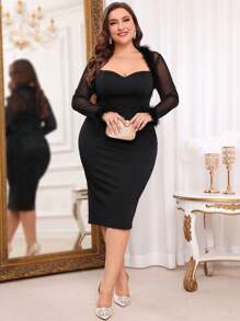 SHEIN Belle Plus Size Furry Decor High Stretch Knit Black Cocktail Formal Dress, Long Sleeve Prom Semi Formal Dress, For Birthday, Wedding Guest, Graduation, Dinner, Homecoming