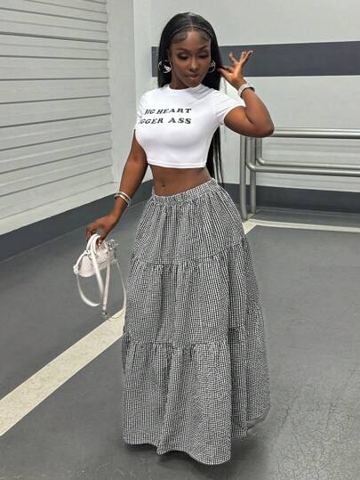 INAWLY Plus Size Women's Plaid Ruffle Hem Midi Casual Skirt Fall Cloth For Women