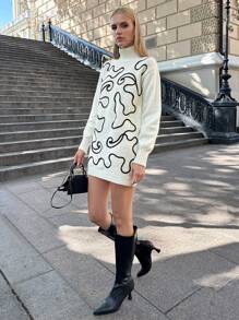 Sweter z golfem w swobodnym stylu, kontrastowym, ręcznie szytym, abstrakcyjnym haftem