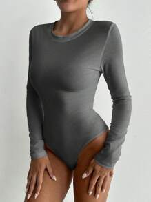 EURMUSE Solid Color Skinny T-shirt Bodysuit - Dark Grey - View 3