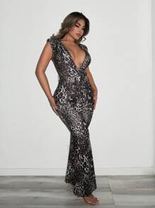Zolique Women's Sexy Deep-V Neck Leopard Print Sleeveless Flared Jumpsuit - Multicolor - View 4